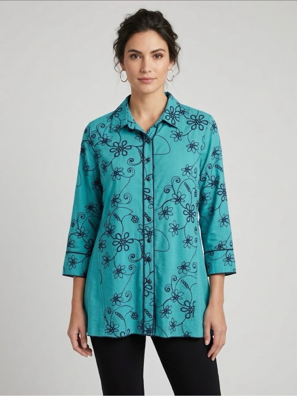 Multiples Teal Button Up Tunic Blouse With Navy Scroll Embroidery 3/4 Sleeves